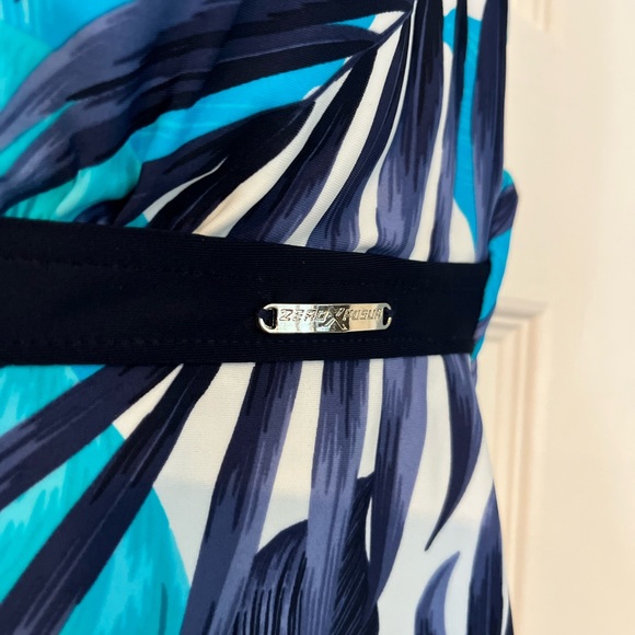 Navy and Teal Tropical Swimwear Halter Top Palm Leaf With Navy Blue Trim Size L - Picture 5 of 12